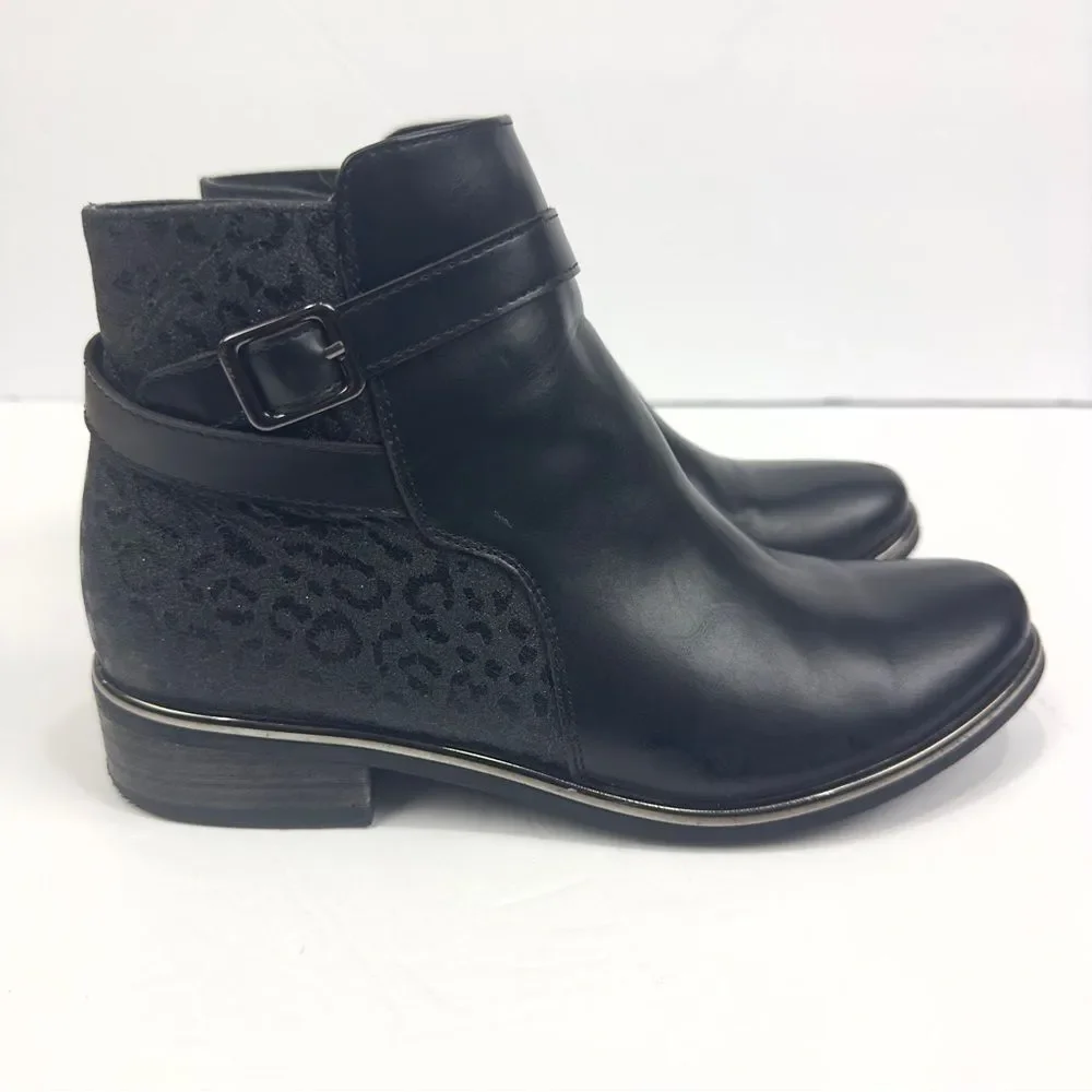 Girls Lovely Skull Black Ankle Booties Glitter Animal Print Sz 35/4